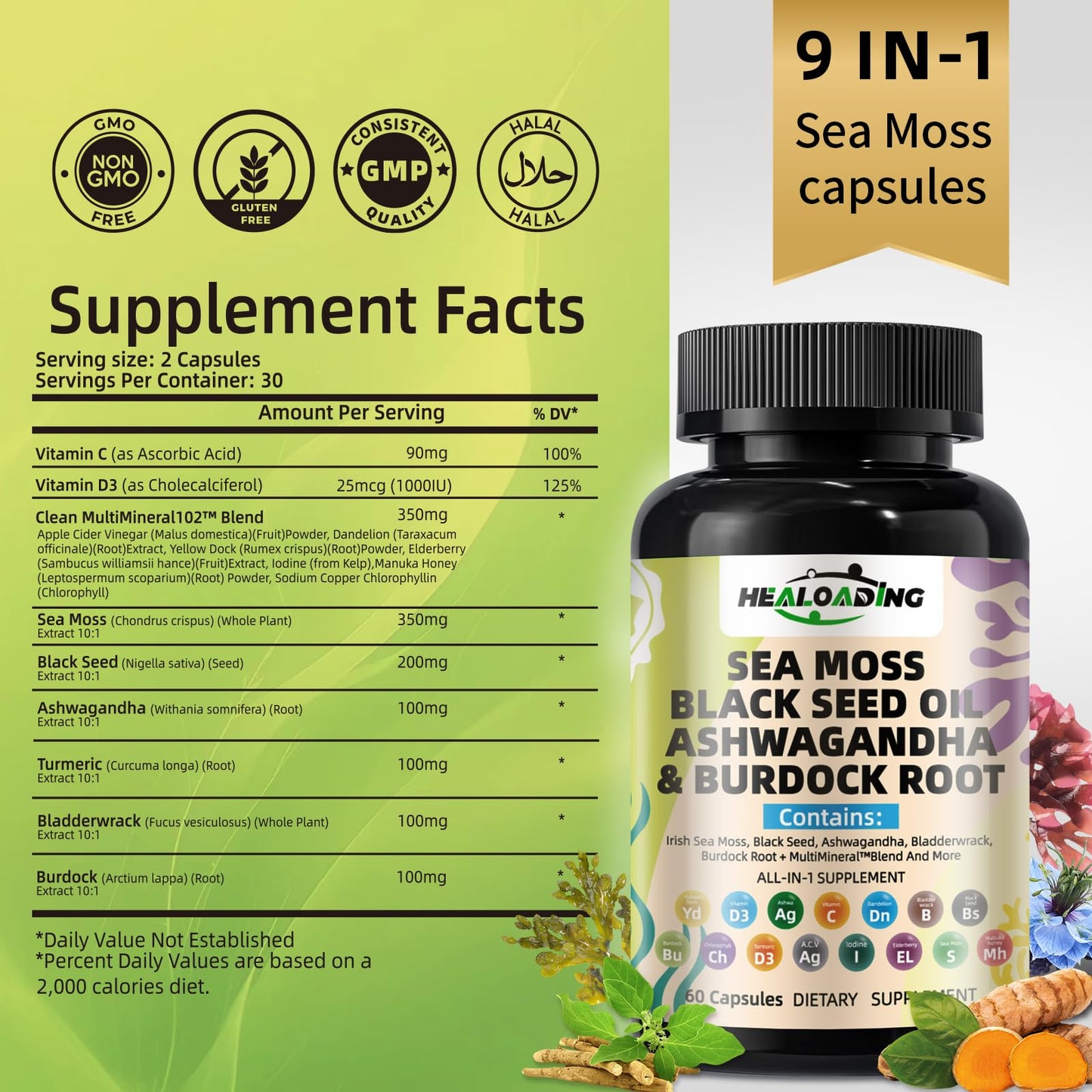 HEALOADING Sea Moss Capsules:Wildcrafted Organic Irish Seamoss & Bladderwack - Rich in Minerals, Supports Thyroid Health, Digestion, Skin & Immune System - Vegan, Non-GMO HEALOADINGBuy Supplements Australia