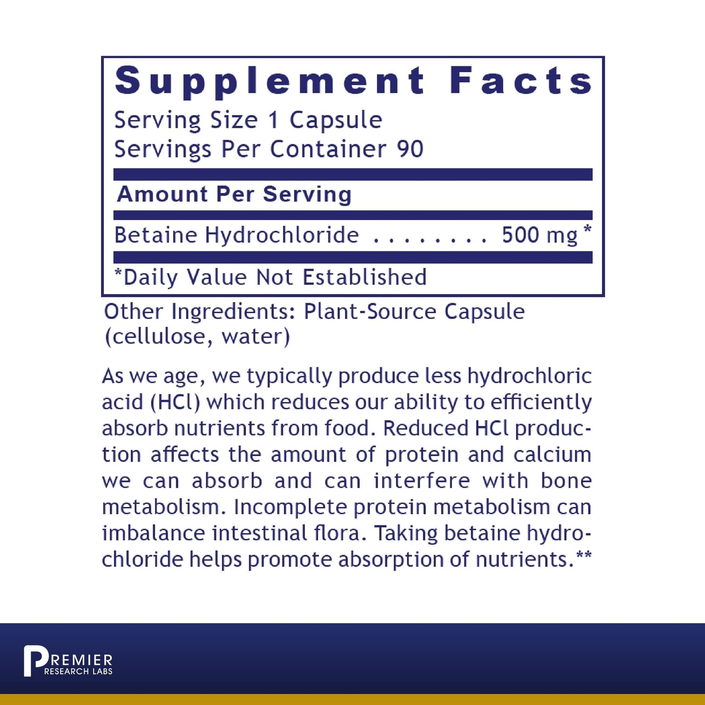 Premier Research Labs Premier HCL - Betaine HCL, Betaine Hydrochloride Supplement for Optimal Digestive Function, Nutrient Absorption, Betaine-HCL for Low Stomach Acid- 90 Vegetarian Capsules Premier Research LabsBuy Supplements Australia
