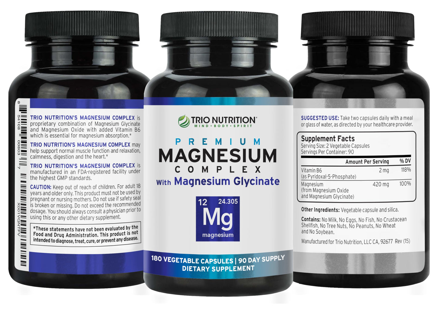 Trio Nutrition Magnesium Complex 90 Day Supply 420 mg | Natural Calm, Relax, Stress Relief, and Muscle Recovery |Magnesium Glycinate Supplement with Vitamin B6 for Rapid Absorption* TRIO NUTRITION buy supplements Au