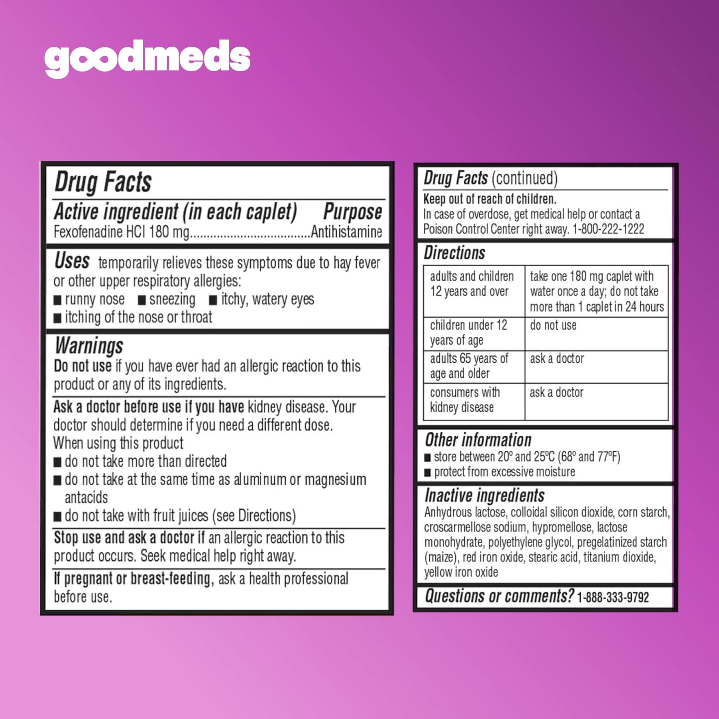 GoodMeds Compare to Allegra | Fexofenadine HCl 180mg | 24-Hour Allergy Relief, Non-Drowsy Antihistamine Generic Medicine for Allergies, Hay Fever, Itchy Eyes | for Kids & Adults (120 Count) GoodMeds buy supplements Au