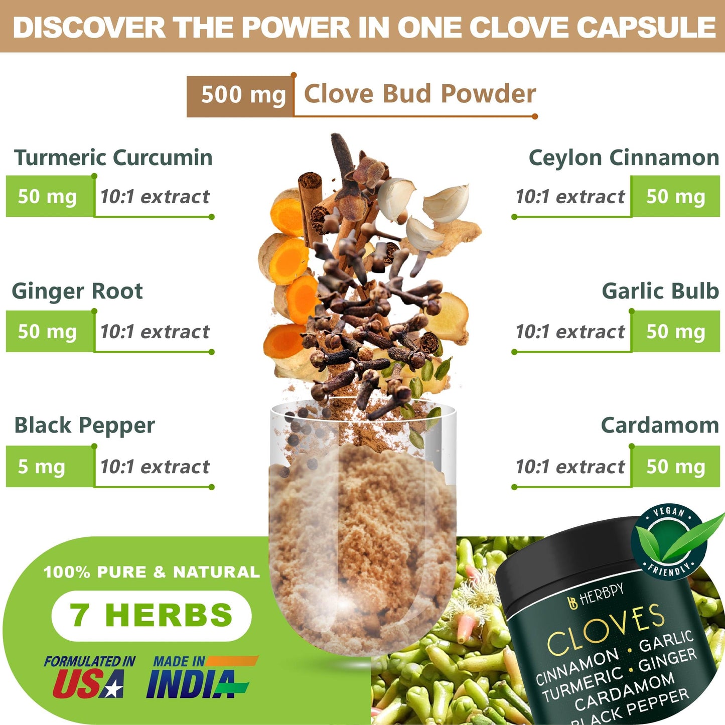 Herbpy 7in1 Clove Supplement Rich in Vitamins & Minerals Supports Digestion, Immune & Heart Health with Cinnamon, Turmeric, Ginger, Cardamom, Garlic & Black Pepper - 100 Vegan Capsules HerbpyBuy Supplements Australia
