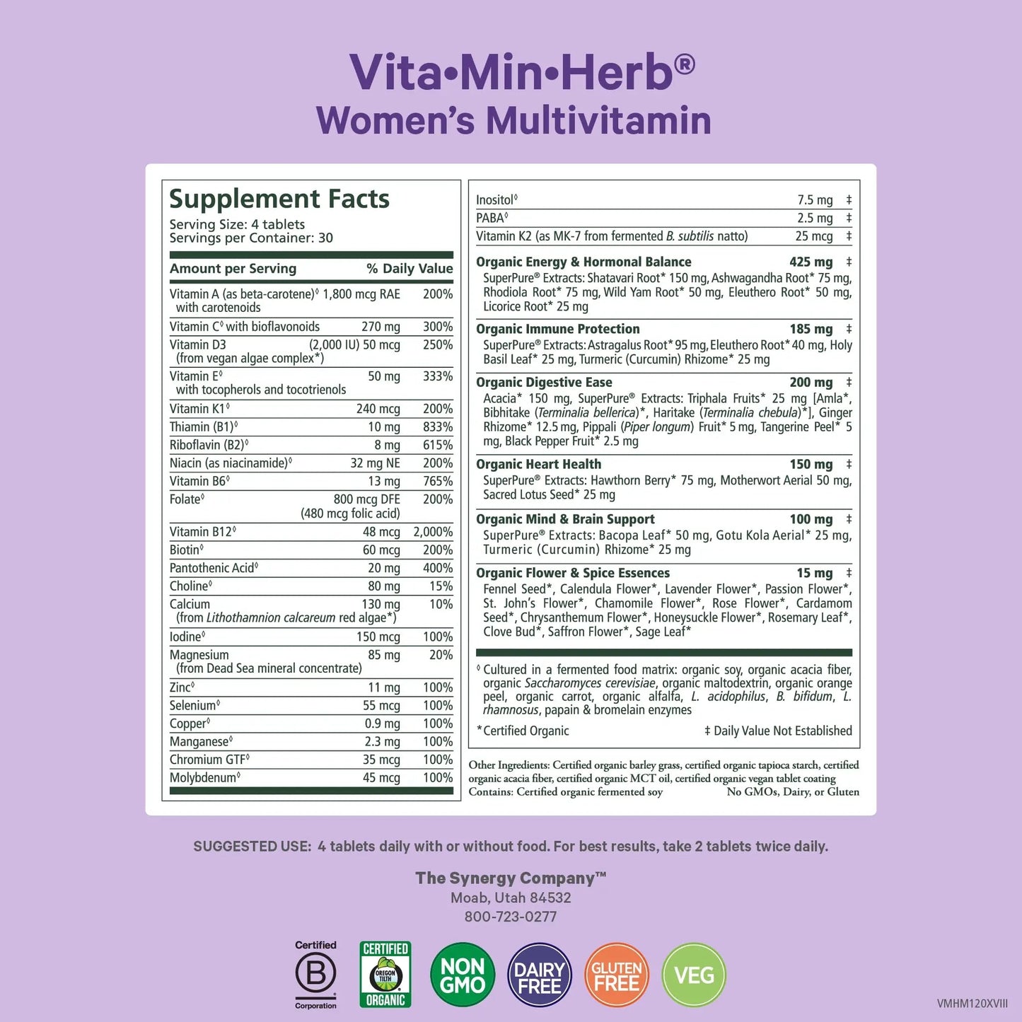 PURE SYNERGY Vita·Min·Herb for Women | Women’s Comprehensive Multivitamin Supplement | Made with Organic Whole Food Non-GMO & Vegan Ingredients | PURE SYNERGY