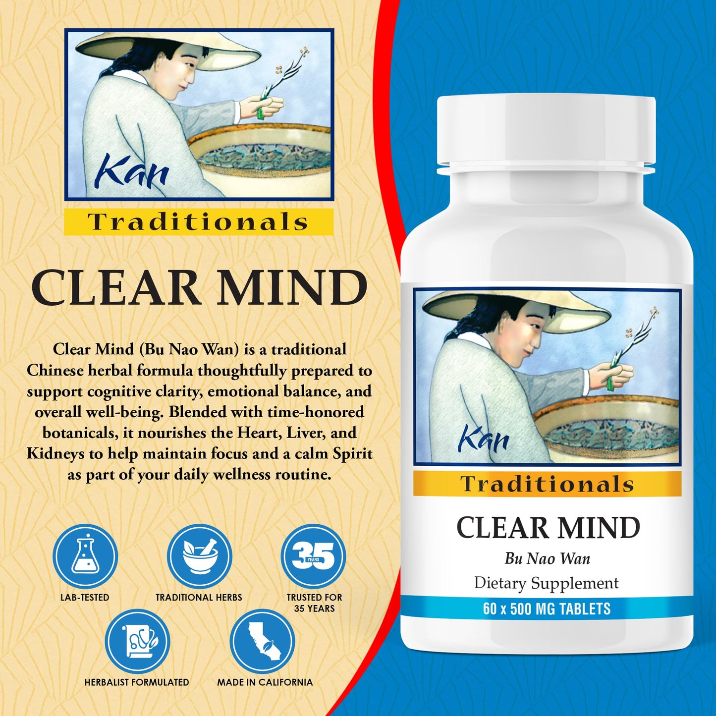 Kan Herbs Company Clear Mind Formula – Traditional Chinese Herbal Blend for Cognitive Clarity and Spirit Support, Nourishes Heart Yin and Blood, Calms Shen, Herbal Supplement, 60 Tablets Kan HerbsBuy Supplements Australia