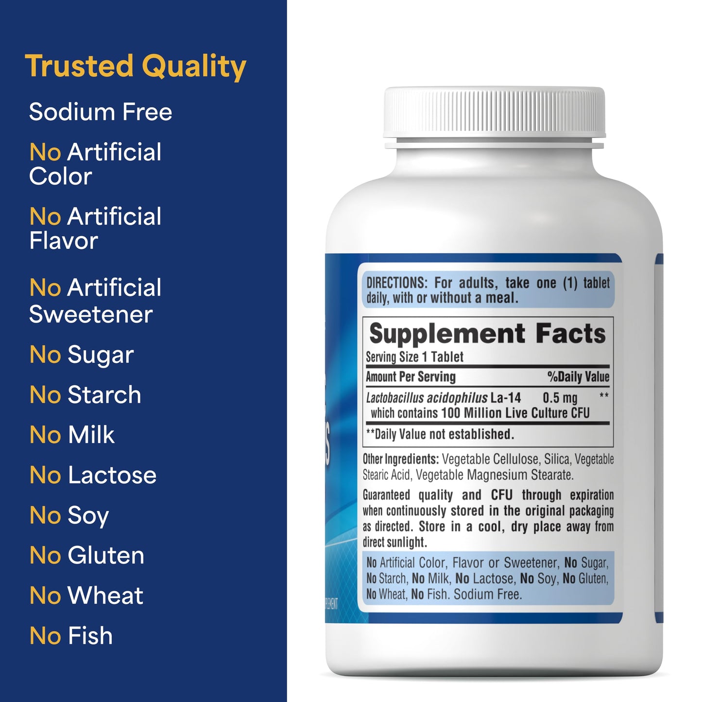 Puritan's Pride Daily Probiotic Acidophilus, 100 Million Live Cultures, Dietary Supplement for Digestive, Gut, and Immune Health, Soy, Sodium,