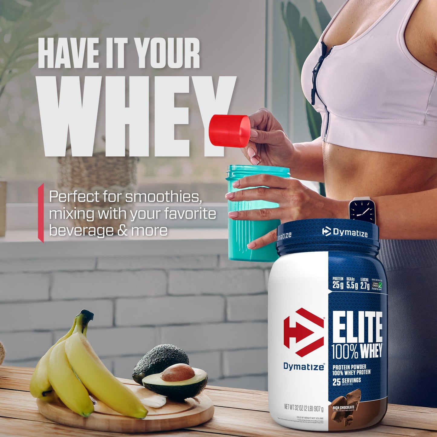 Dymatize Elite 100% Whey Protein Powder, Chocolate, 25g of Protein, 5.5g BCAAs, Less Than 140 Cal., Gluten Free, 3g Carb, 2g Sugar, 3g Fat (25 Servings)