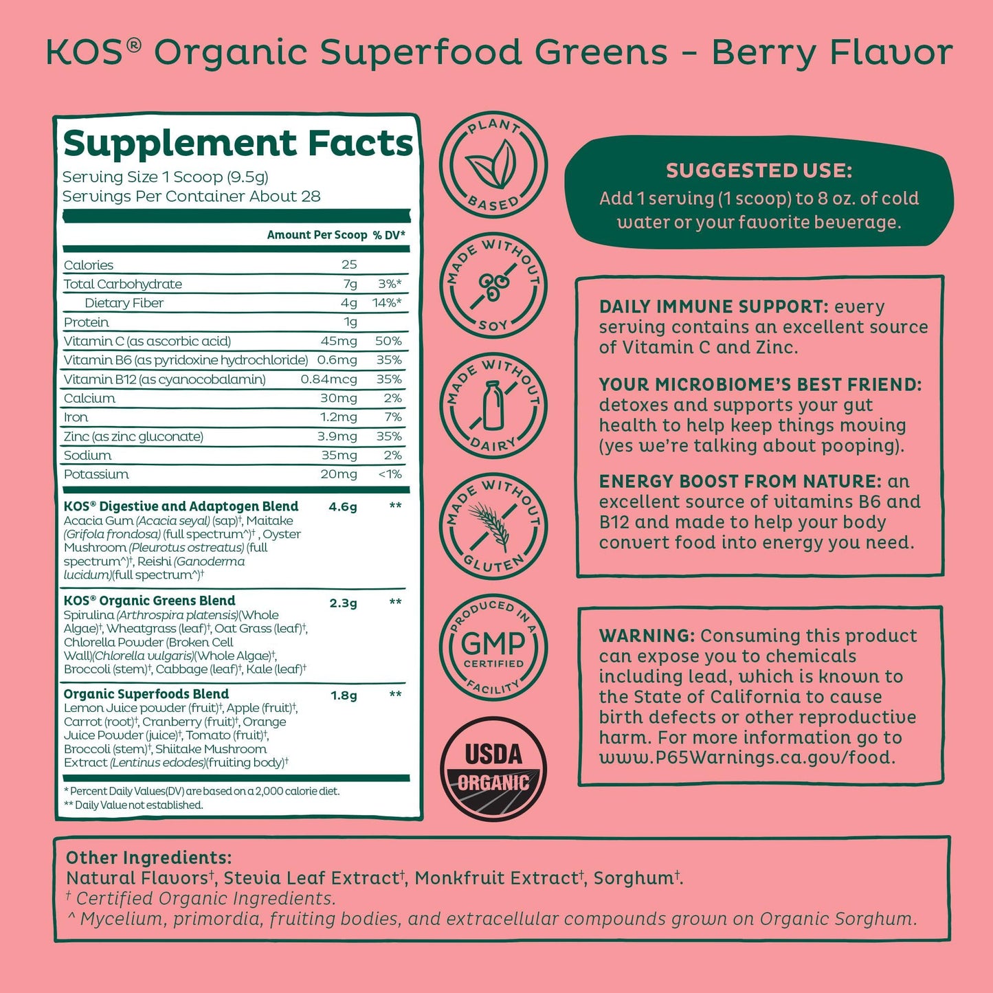 KOS Organic Superfood Greens Powder - Gut Health from Prebiotic Fiber, Supergreens and Adaptogens - USDA Certified Organic, Made in a GMP Certified Facility - 28 Servings Berry KOS buy supplements Au