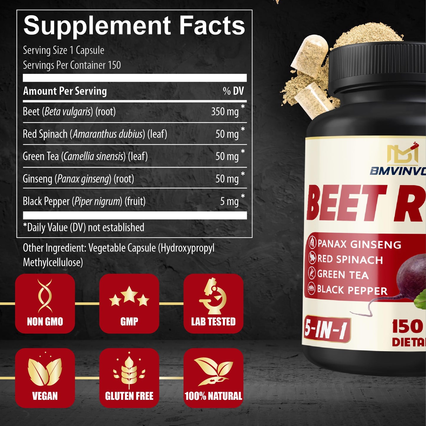 Beet Root, Green Tea, Red Spinach, Ginseng, Black Pepper - 150 Capsules - Supports Digestive, Immune System, Energy Levels - 5 Month Supply BMVINVOLBuy Supplements Australia