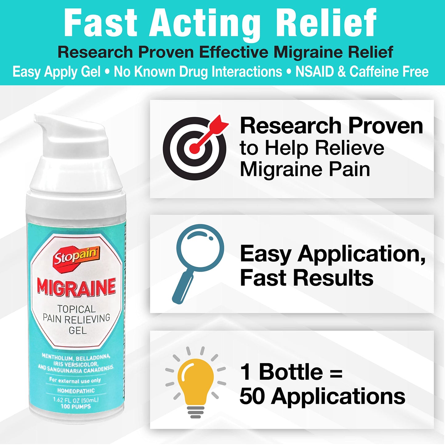 Stopain Migraine Pain Relief Gel Pump, 1.62oz, USA Made, Max Strength Fast Acting Research Proven Topical Effective at Any Stage, No Known Side Effects or Drug Interactions, HSA FSA Approved Products StopainBuy Supplements Australia