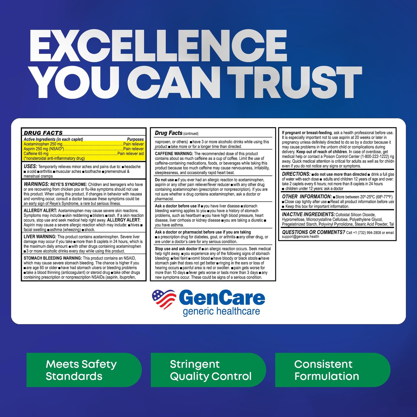GenCare - Headache Relief Acetaminophen with Aspirin (NSAID) & Caffeine (300 Caplets) Value Pack | Head Pain, Muscle Aches, Back Pain & Body | Generic ExcedrEn Extra Strength GenCare buy supplements Au