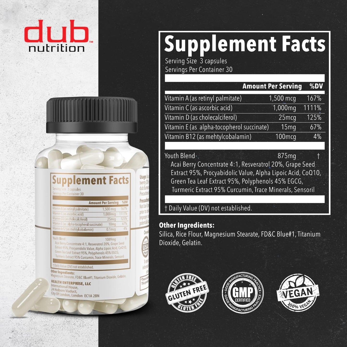 Dub Nutrition Youth - Formula with Acai, Resveratrol, Curcumin, Vitamins A, C, D, E, B12, and CoQ10 - Supports Immunity and Mobility - 90 Capsules Dub Nutrition buy supplements Au