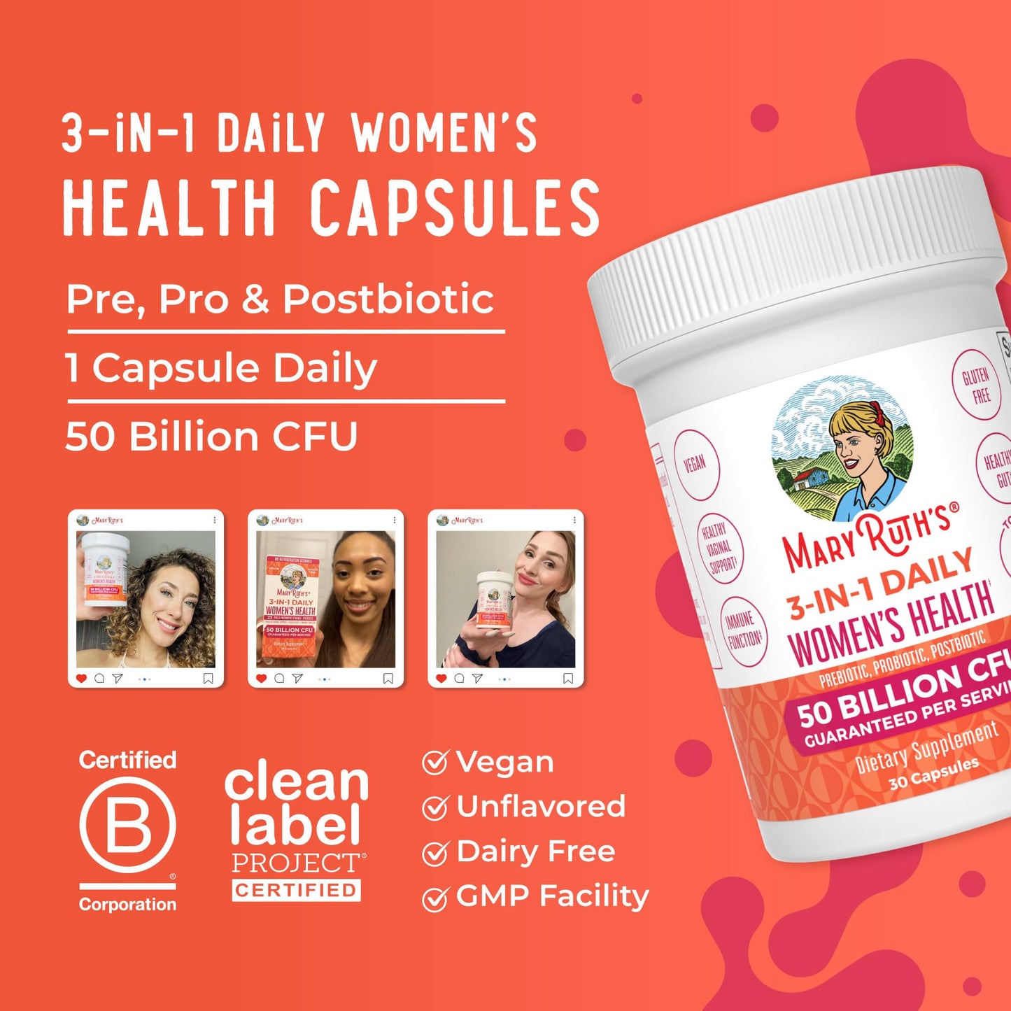 MARYRUTH'S 3-in-1 Daily Health Probiotics for Women | Hormone Support & Gut Health Supplement for Women | Women’s Probiotic