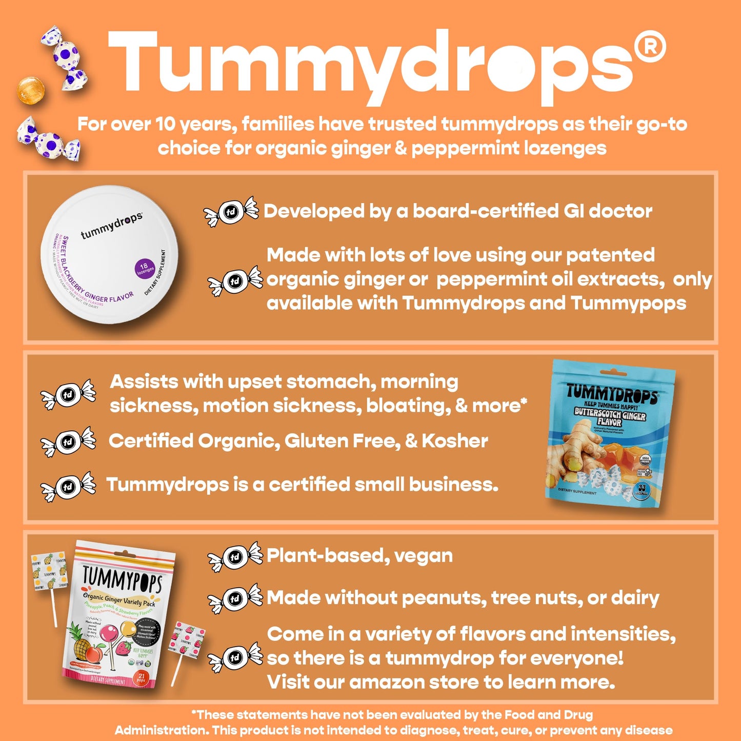 tummy drops No Sugar Crushed Peppermint Flavor, Gluten Free & Vegan, 33 Individually Wrapped Pure Peppermint Oil Lozenges Made with Organic Monkfruit