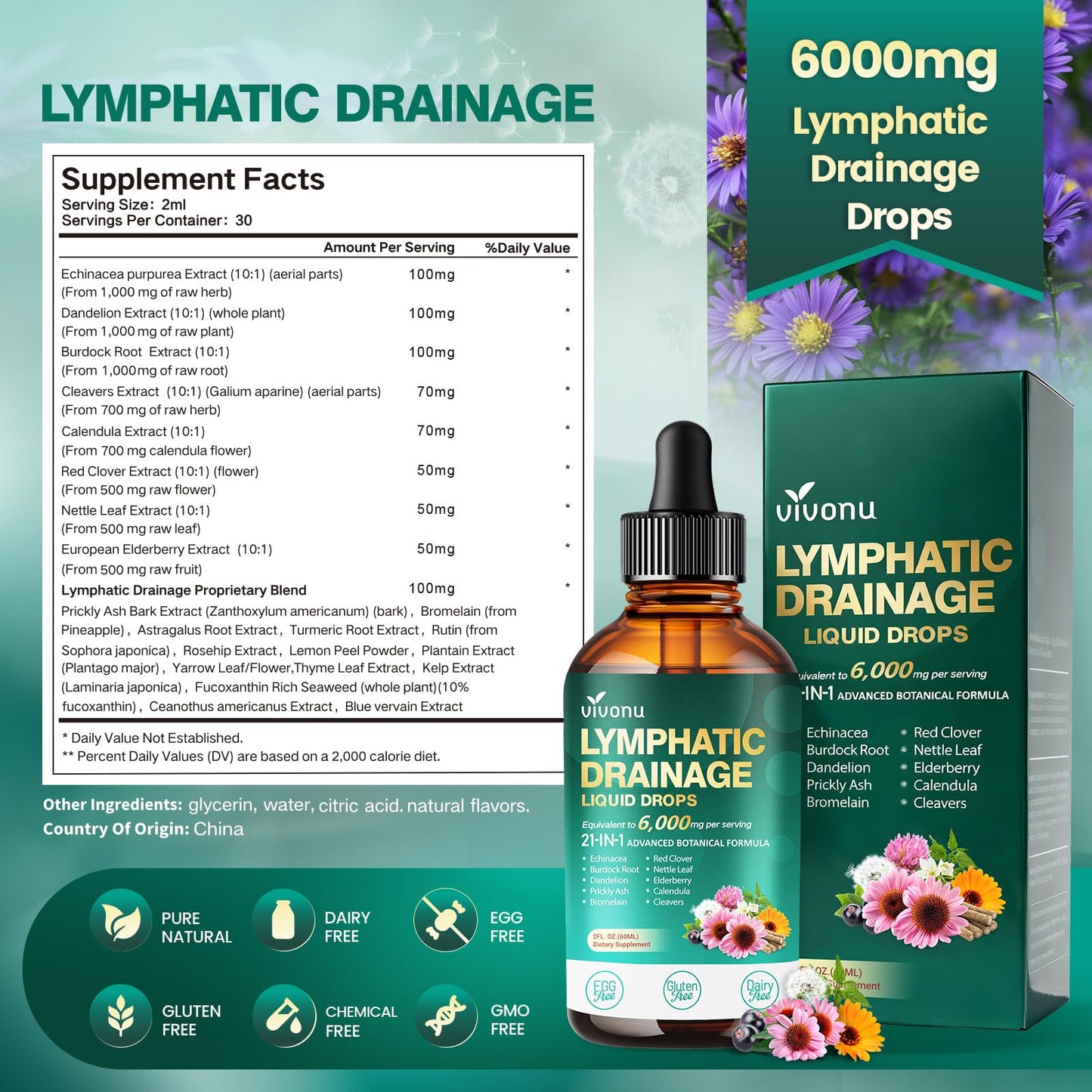 21-in-1 Lymphatic Drainage Drops for Liposomal, Immune & Lymph System Support Supplement for Women & Men with Echinacea, Dandelion, Burdock, Bromelain, Calendula, Turmeric & More, 2 FL OZ VivoNu buy supplements Au