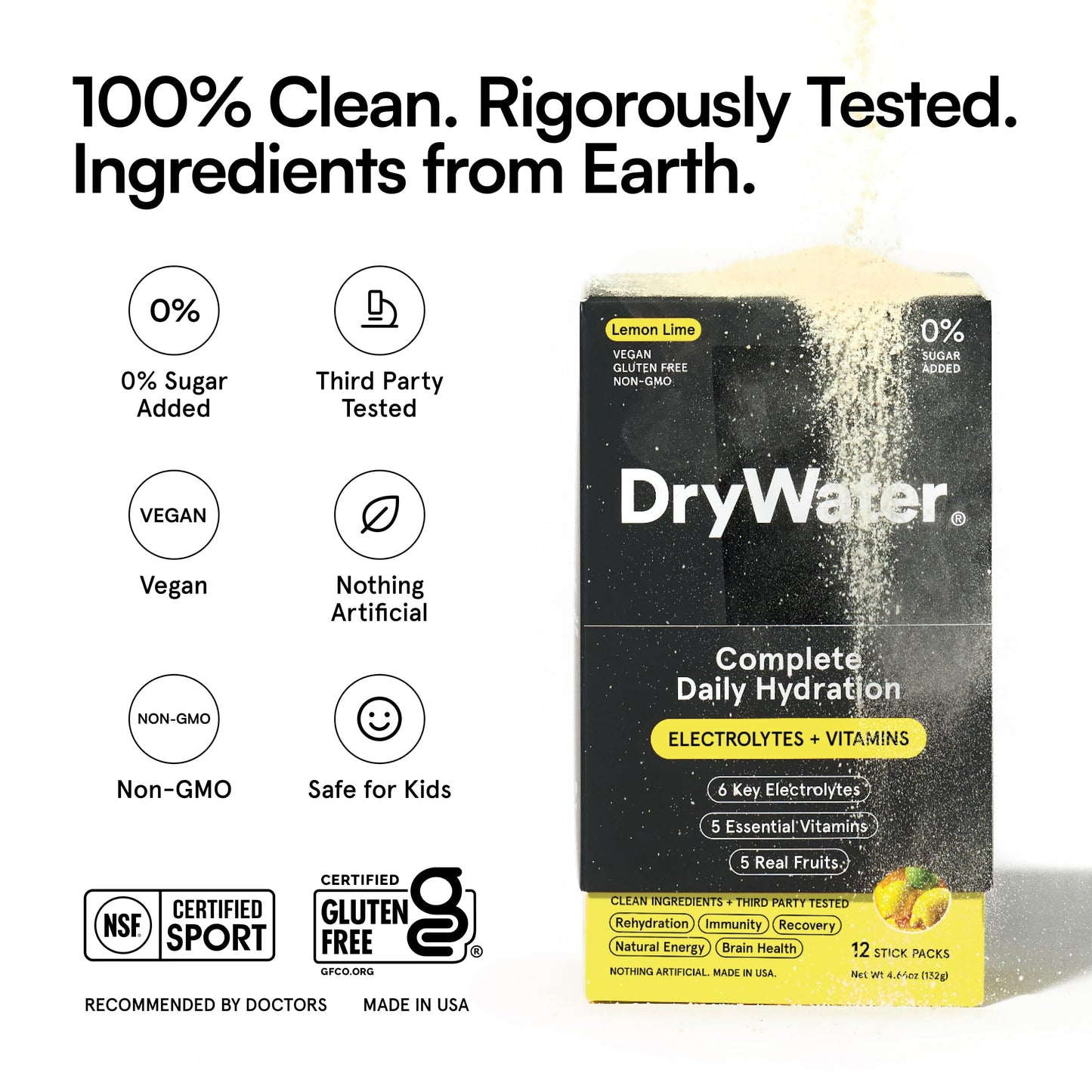 DryWater Electrolyte Powder Packets, Lemon Lime - Hydration Packets Drink Mix with Zero Added Sugar for Rehydration & Energy - 6 Key Electrolytes