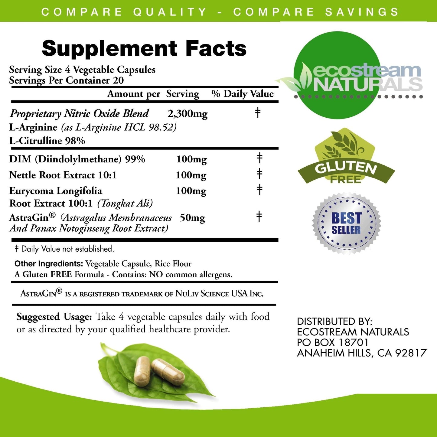 ecostream Naturals MAX 2650mg Nitric Oxide Booster L-Arginine - L-Citruline and Astragin - Time Release 2650 MAX Formula ecostream Naturals buy supplements Au