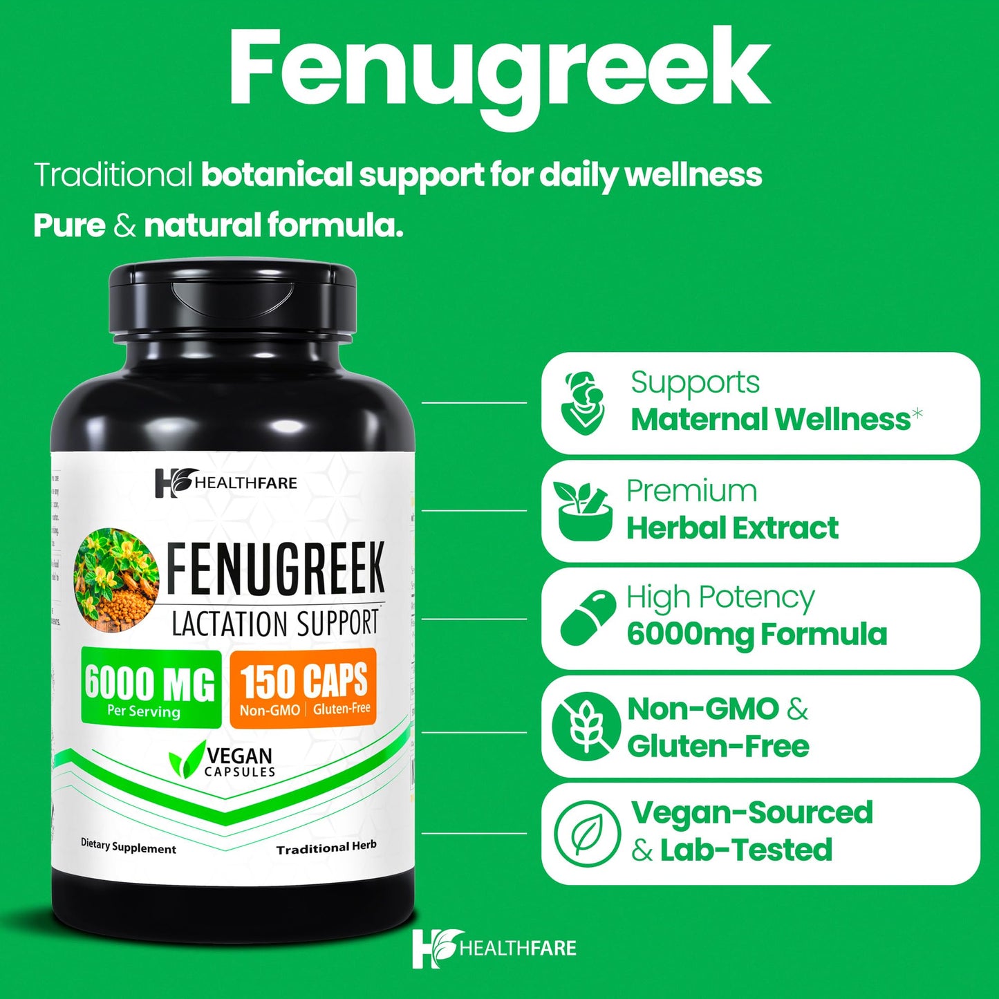 Healthfare Fenugreek Seed Extract 6000mg | 150 Vegan Capsules | Concentrated Herbal Supplement | Non-GMO, Gluten-Free | Made in USA HealthfareBuy Supplements Australia