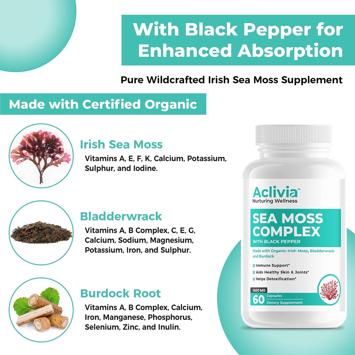 Aclivia - Organic Irish Sea Moss Capsules with Bladderwrack & Burdock Root - 102 Minerals Sea Moss Supplement - Thyroid Support, Immune Boost - Non-GMO (60 Count) AcliviaBuy Supplements Australia
