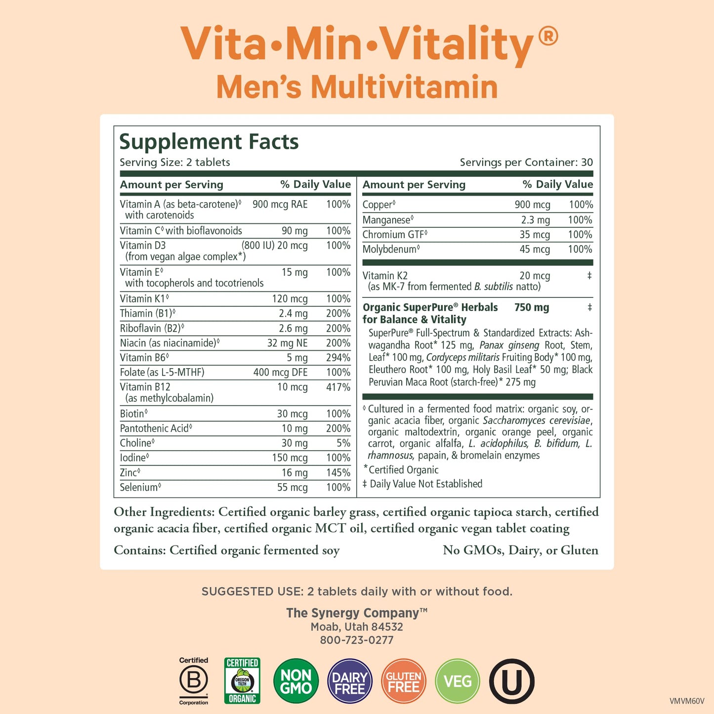 PURE SYNERGY Vita·Min·Vitality | Natural Multivitamin for Men | Men’s Daily Multivitamin Made with Organic Whole Foods | for Energy, Stress, and Immune Support (60 Tablets) PURE SYNERGY buy supplements Au