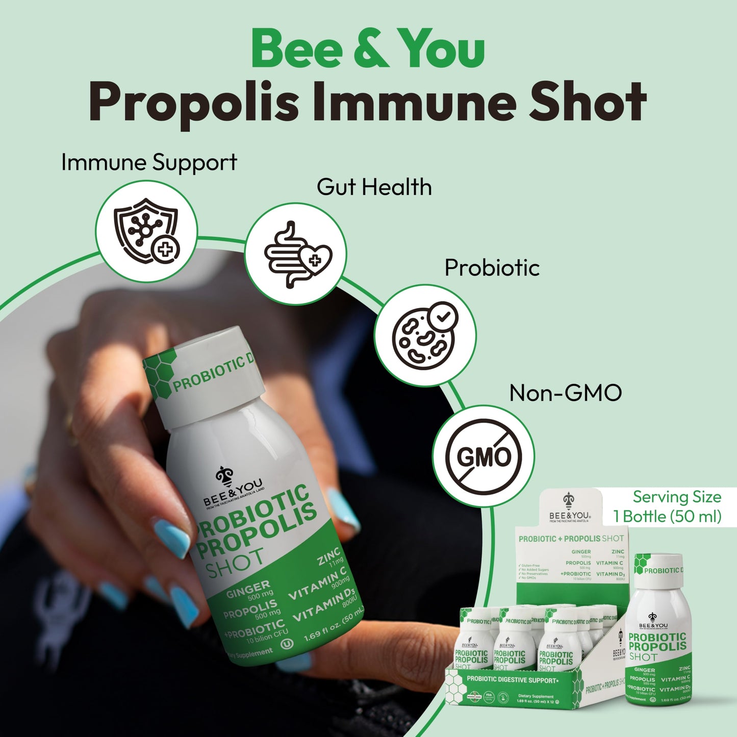 Bee and You Propolis Immune Shot, Probiotic, Vitamin C, Vitamin D3, Zinc, Ginger, Immune Support, Gut Health, Digestive Health, Bioactive 1.69 Fl. oz, 12 Pack BEE & YOU buy supplements Au