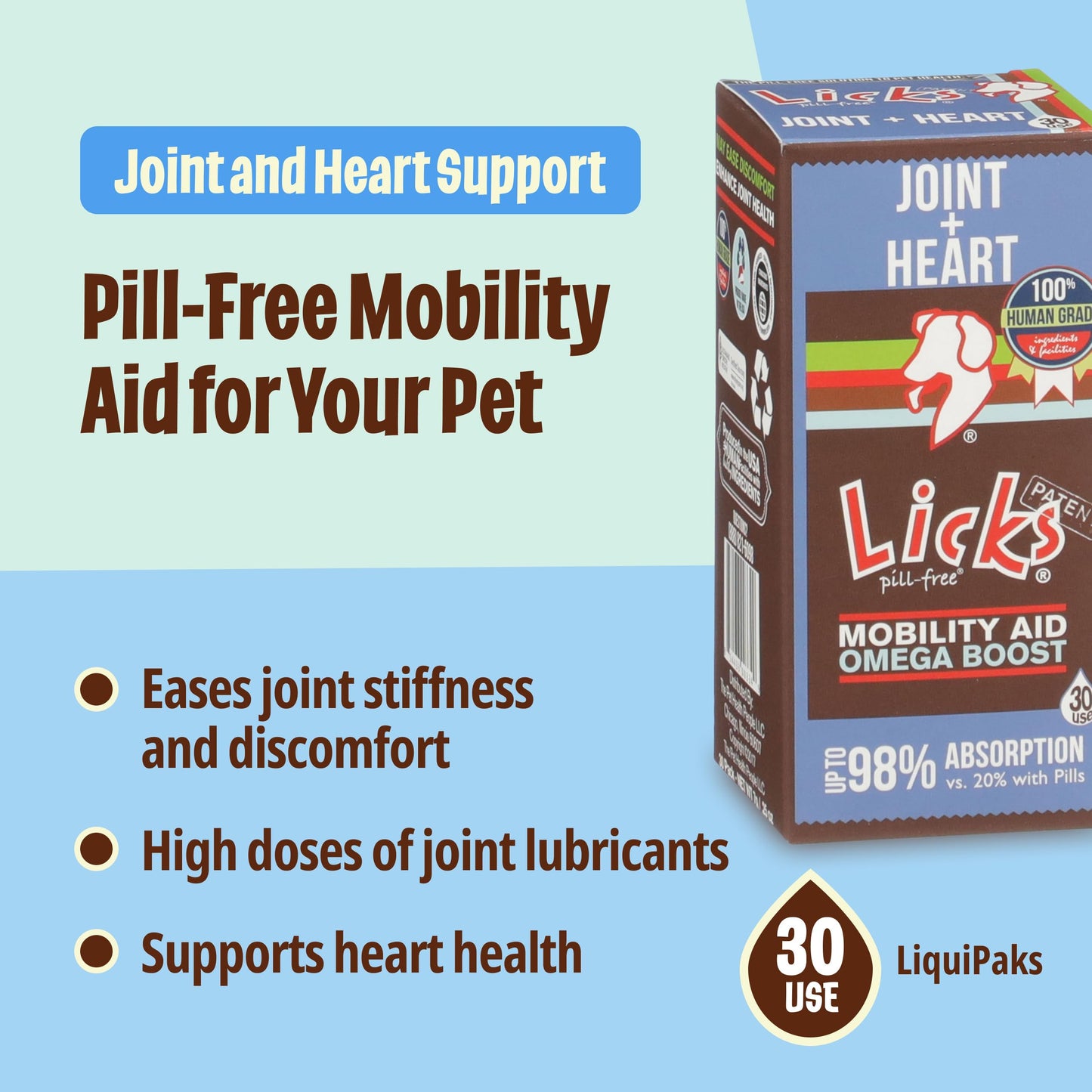 Licks Pill-Free Dog Joint and Heart - Glucosamine & Omega 3 Fish Oil Supplement for Dogs - Inflammation Supplements for Joint Support - Gel Packets - 30 Use Licks Pill FreeBuy Supplements Australia
