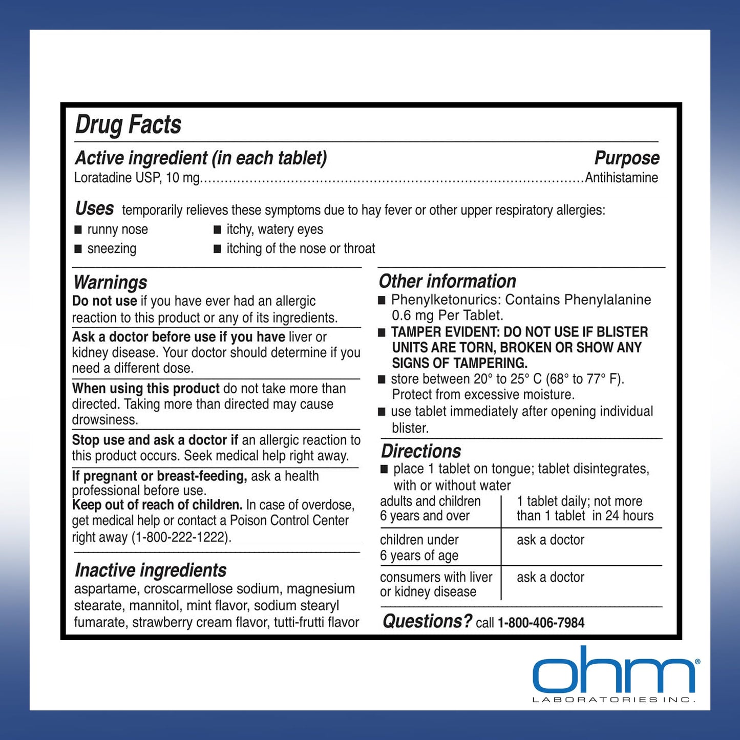 Ohm Allergy Pills - Loratadine Allergy 24 Hour Non Drowsy Relief for Seasonal Allergies, Sneezing - Loratadine 10 mg Antihistamine for Effective Non-Drowsy 24-Hour Symptom Relief - 100 Count Ohm buy supplements Au