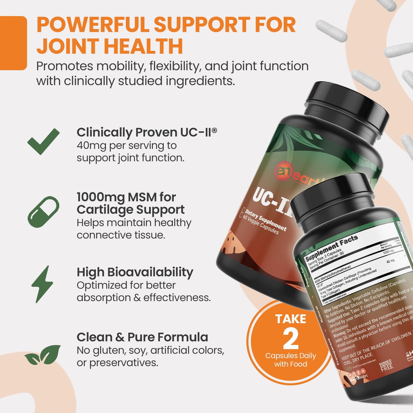 EarthNutri UC-II Collagen & MSM Supplement for Bone Health and Joint Flexibility Joint Supplement - 40mg UC-II Providing 10mg Total Collagen & 1000mg MSM - 60 Capsules (2 Caps Daily) EarthNutriBuy Supplements Australia