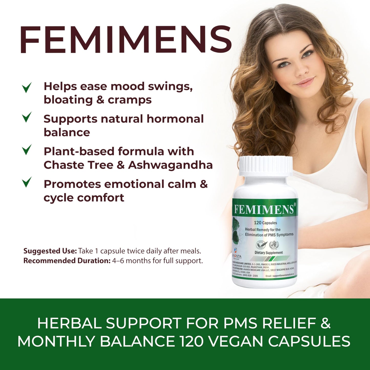 FEMIMENS – PMS Support Supplement for Women – PMS Relief for Women & Menstrual Cramp Relief – Hormonal Balance for Women – Chasteberry Vitex, Ashwagandha, Ginger, Fenugreek – 120 Vegan Capsules Ananta Medicare USABuy Supplements Australia