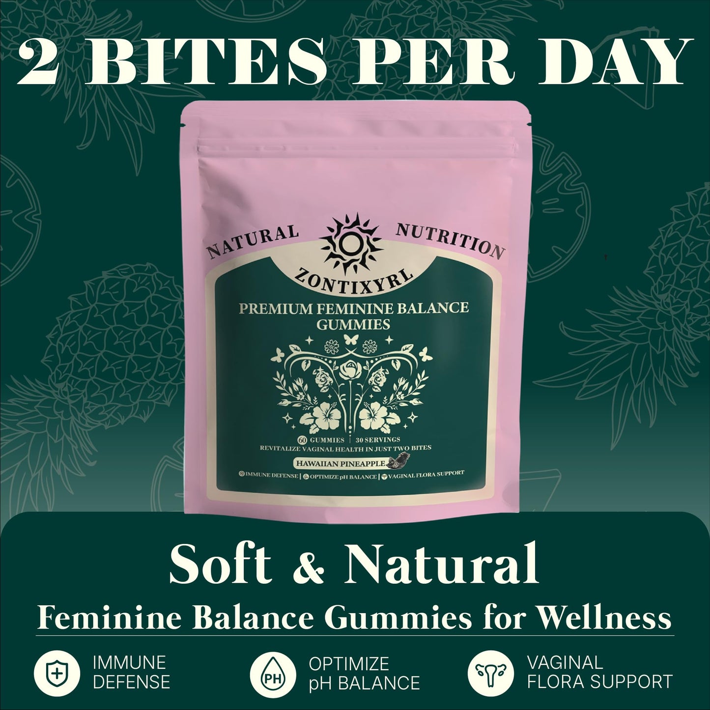 Zontixyrl Premium Feminine Balance Gummies Women - Pineapple Gummies for Women pH Probiotic and Immune Support Vegan Gluten Free 60 Gummies 30 Servings ZontixyrlBuy Supplements Australia