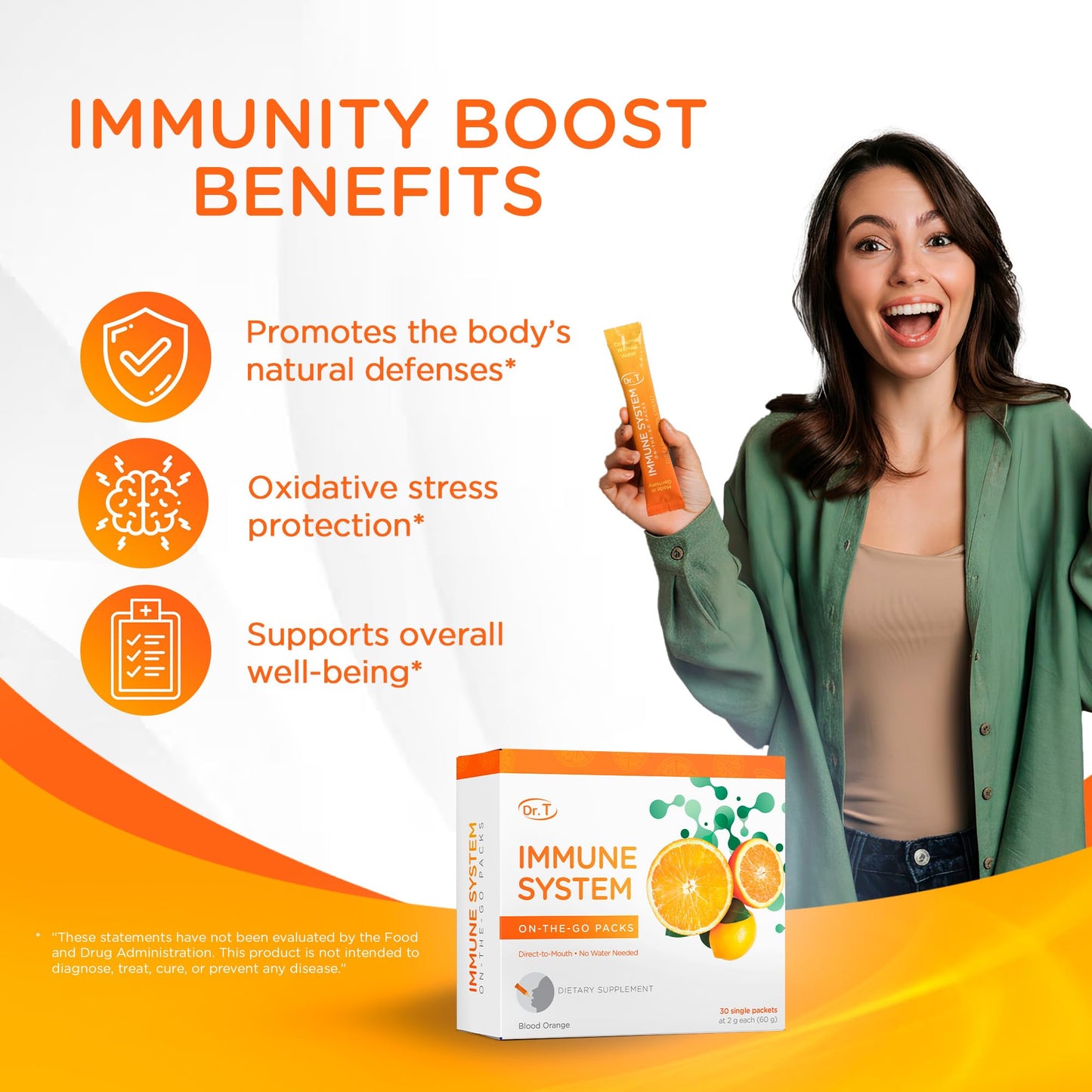 Dr. T On-the-go Packs – Immune System Formula – No Water Needed, Direct-to-Mouth – with Vitamins C, E, Zinc & Selenium – Supports Daily Wellness, Vitality & Overall Health – Orange, 30 Packs Dr. T buy supplements Au