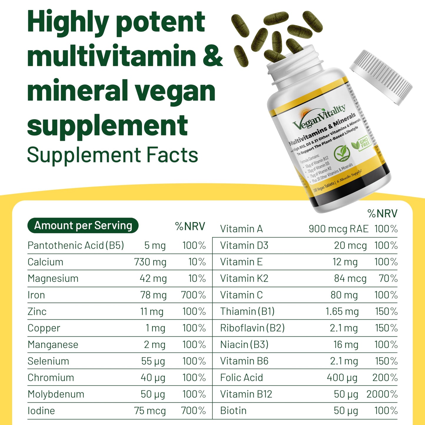 Vegan Vitality Multivitamins & Minerals for Women and Men with High Strength Vitamin B12, D3 & K2. 180 Vegan Multivitamin Tablets - 6 Months Supply