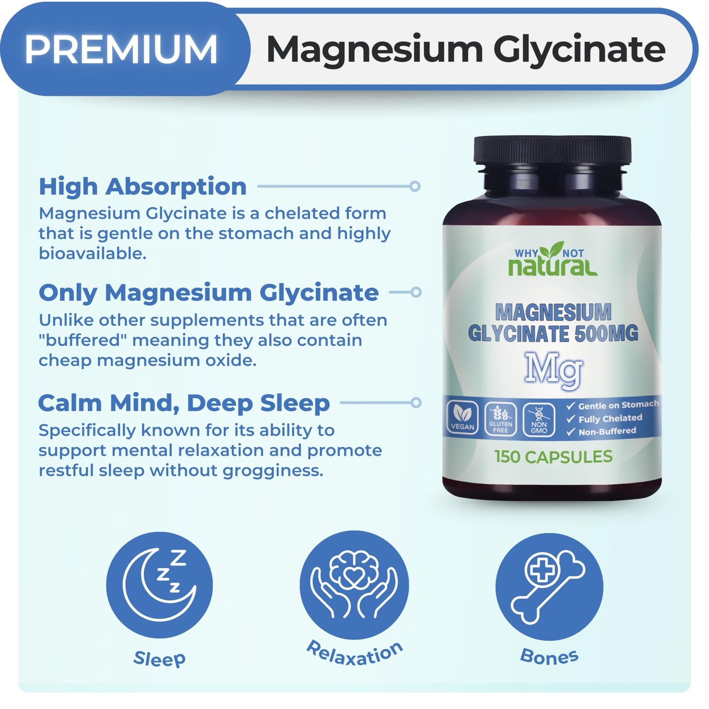 Why Not Natural Magnesium Glycinate 500 mg Capsules Supplement - Vegan, No Filler - Supports Sleep and Relaxation Why Not NaturalBuy Supplements Australia