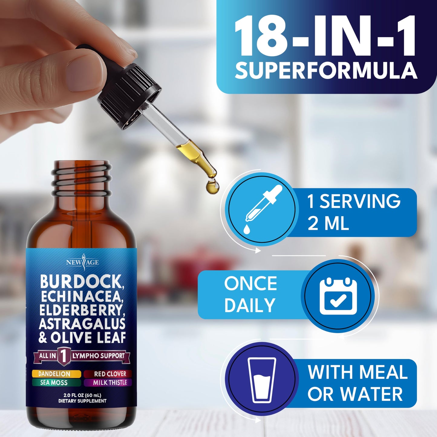 NEW AGE Lymphatic Drainage Supplement - Burdock Lymphatic Support Drops - Burdock Root, Mullein, Echinacea, Elderberry, Dandelion, Astragalus, Milk Thistle, Red Clover - 4 oz NEW AGE buy supplements Au
