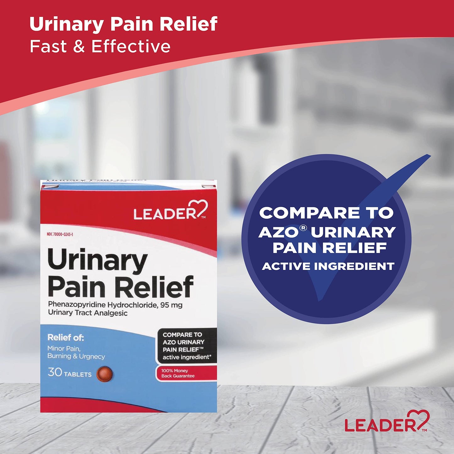 LEADER Urinary Maximum Strength, Fast Action for Burning & Urgency, Phenazopyridine Hydrochloride 95 mg, 30 Tablets, 4-Pack LeaderBuy Supplements Australia