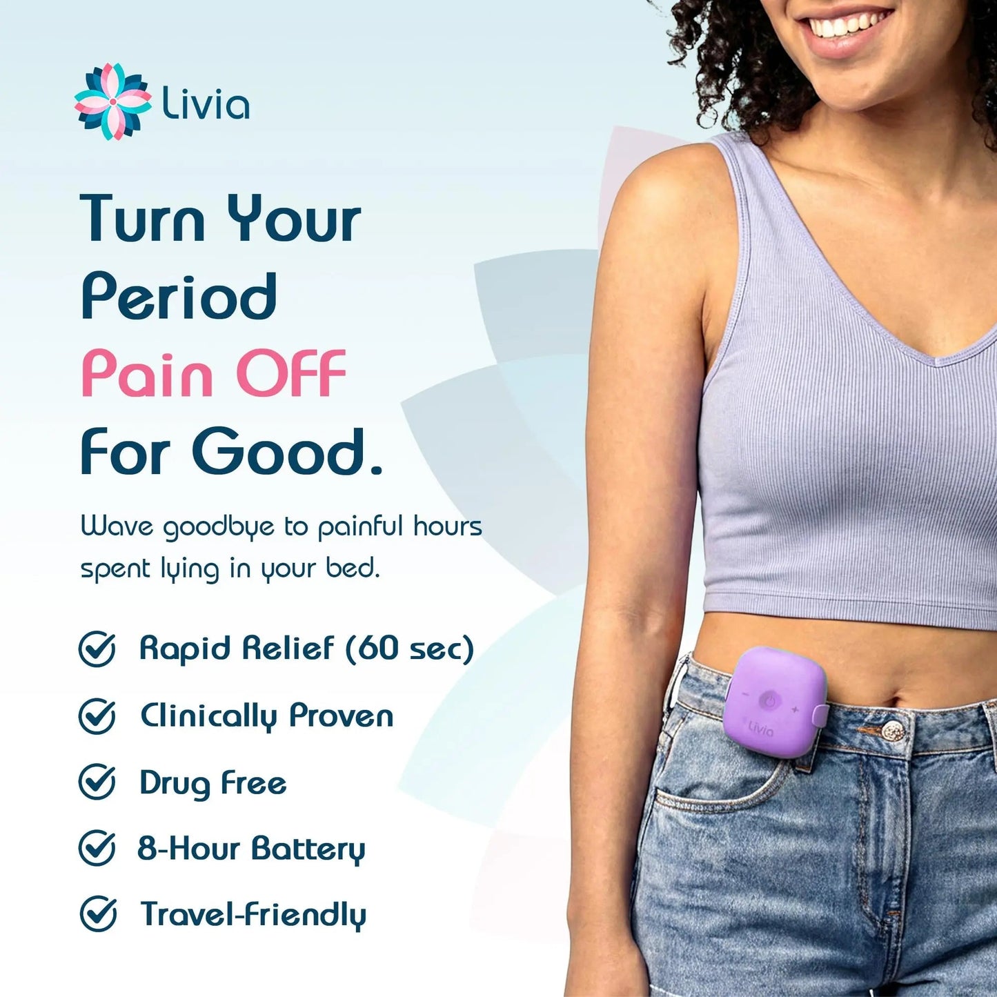 Livia Menstrual Pain Relief Device, Lavender – Off-Switch for Period Pain – Portable & Discreet – Rechargeable, Up to 8 Hours Battery – Complete Kit with Stick-On Pads – The Go-to Travel Partner LiviaBuy Supplements Australia