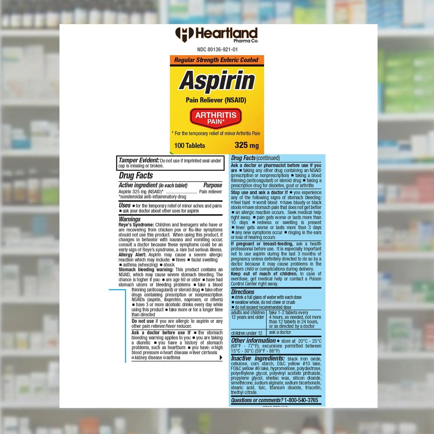 Heartland Pharma Aspirin 325mg Enteric Coated Tablets | Original Strength NSAID Pain Reliever & Fever Reducer | Joint Pain Relief for Arthritis | Child-Resistant Safety Cap | Made in USA | 100 Count Heartland PharmaBuy Supplements Australia