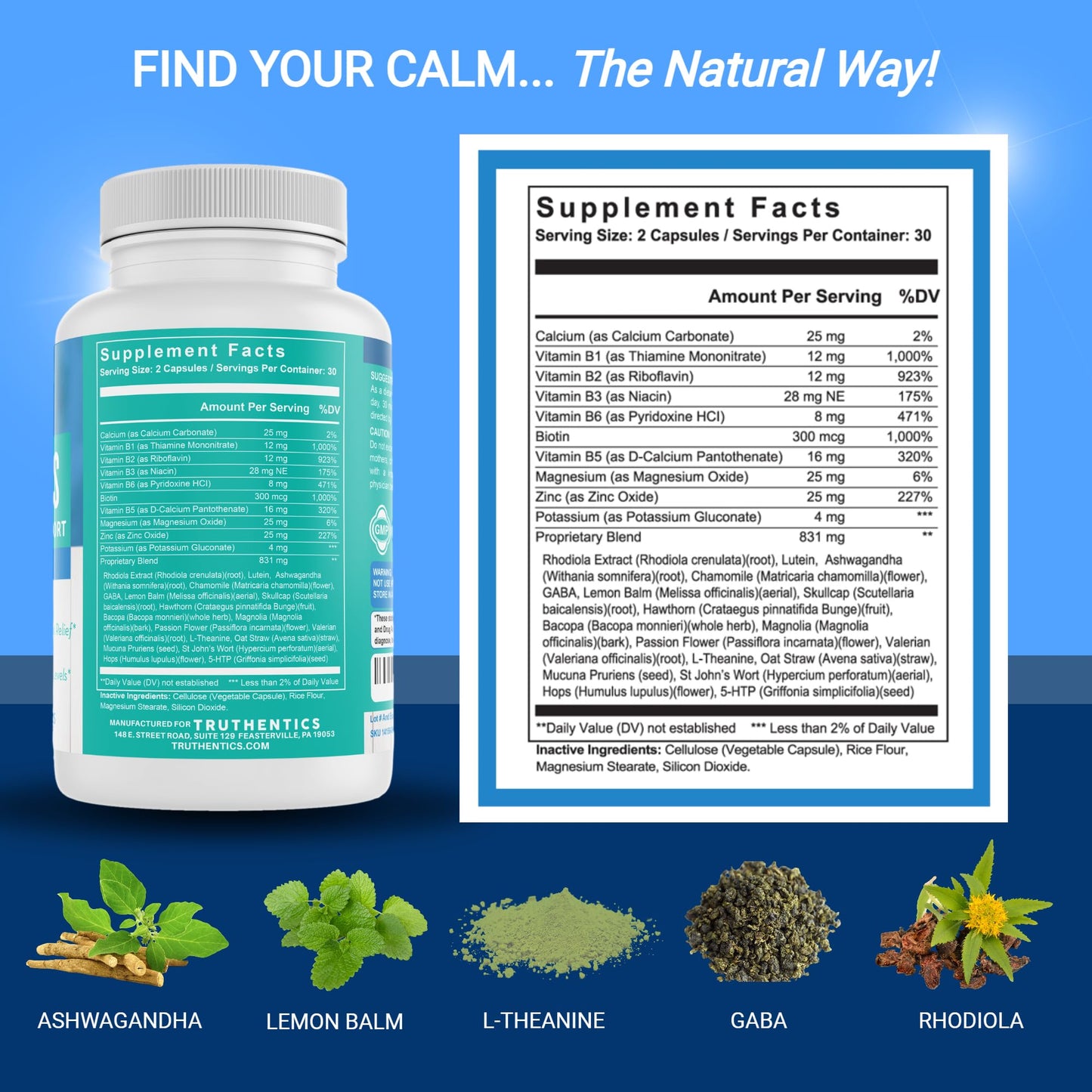 TRUTHENTICS Bye-Bye Stress - Stress & Mood Support Supplement for Women with Ashwagandha, GABA, Lemon Balm, L-Theanin & Vitamin B Complex - Vegan - 60 Capsules TRUTHENTICSBuy Supplements Australia