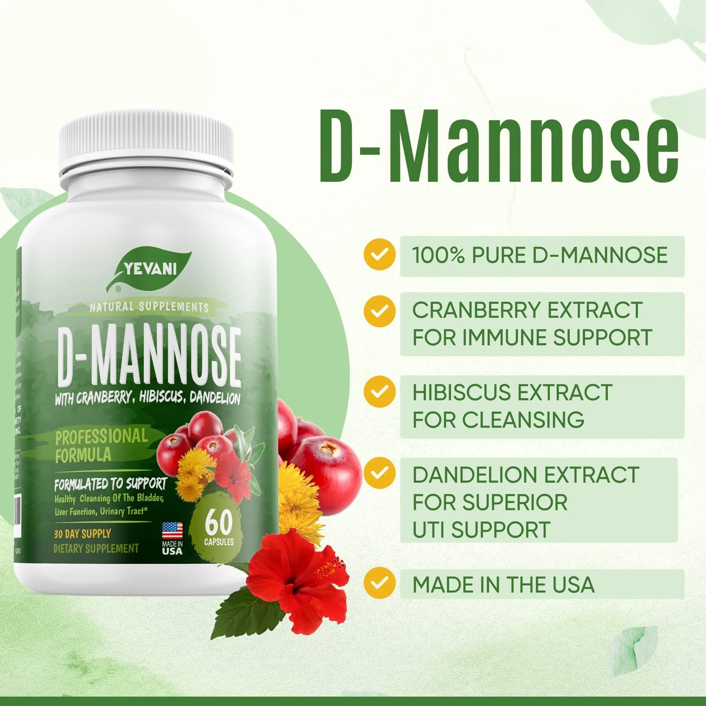 YEVANI 100% Pure D-Mannose Capsules 1000 mg with Cranberry, Hibiscus, and Dandelion Extract, Fast Acting Professional UTI Prevention Formula for Urinary Tract Health and Bladder Support YEVANIBuy Supplements Australia