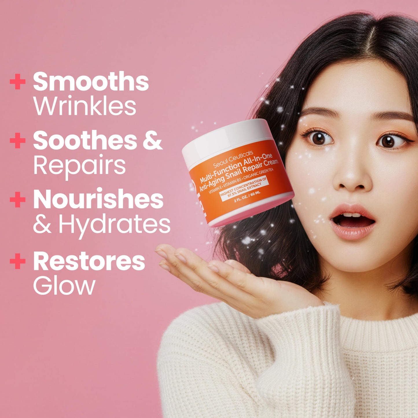 SeoulCeuticals Snail Mucin Moisturizer 97.5% - Korean Skin Care Snail Repair Cream - Day & Night Anti Aging K Beauty Skincare Cruelty Free 2oz