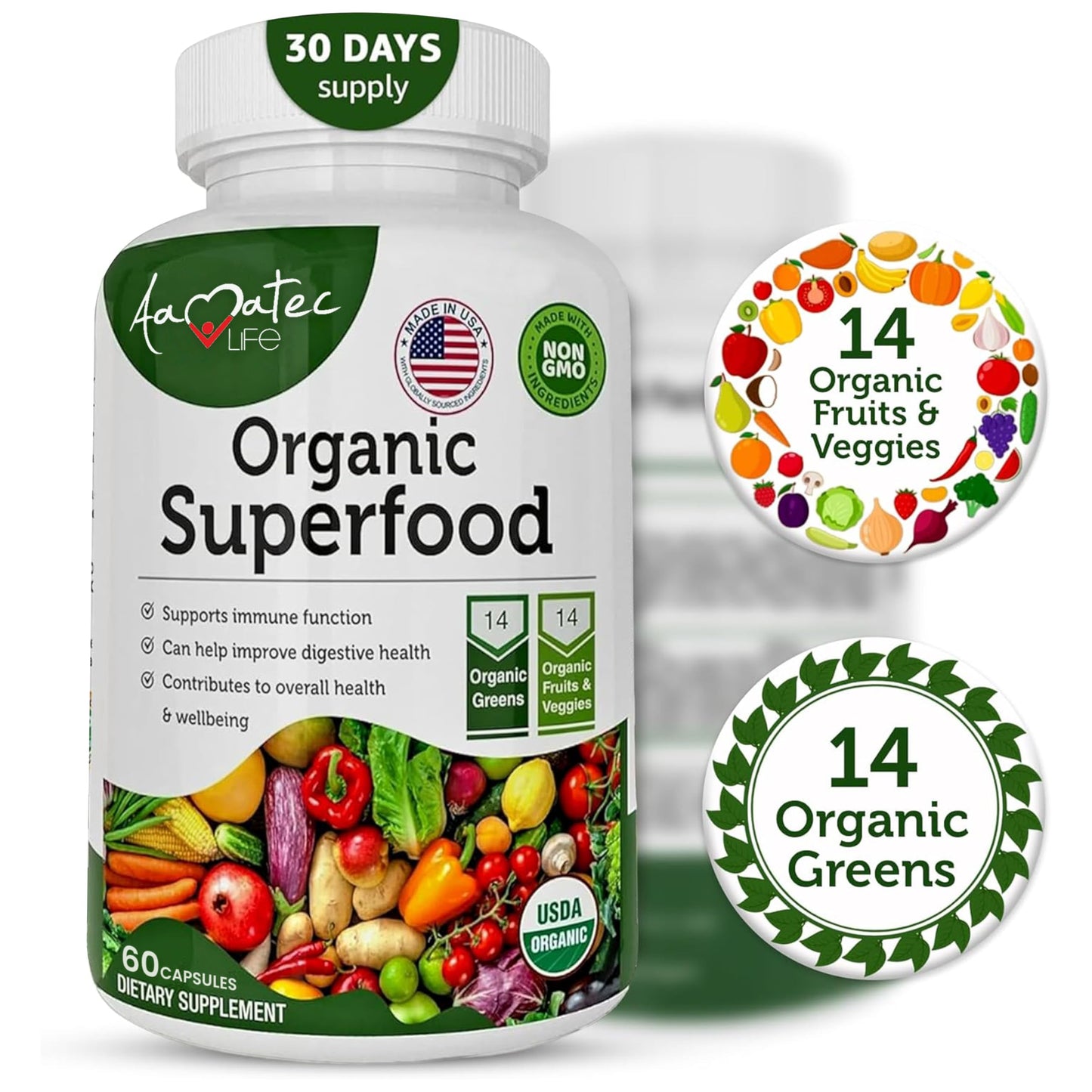 AAMATEC LIFE Organic Superfood Greens Fruits and Veggies Complex - Dietary Supplement with 14 Greens &14 Vegetables with Alfalfa Rich in Antioxidants Organic Ingredients Non-GMO (120 Count Pack of 2) AAMATEC LIFEBuy Supplements Australia