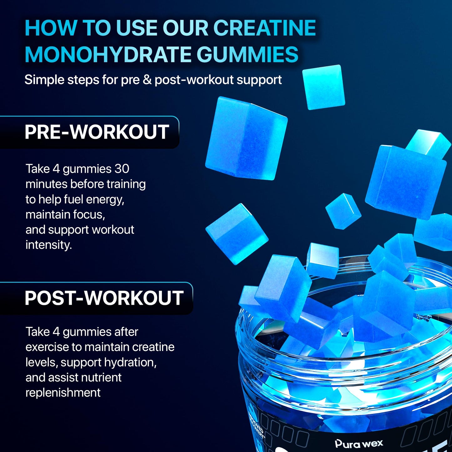 PURA WEX NUTRITION Creatine Monohydrate Gummies 8500mg Complex for Men & Women - Pre Workout Creatine Chews for Muscle Growth, Strength & Energy,