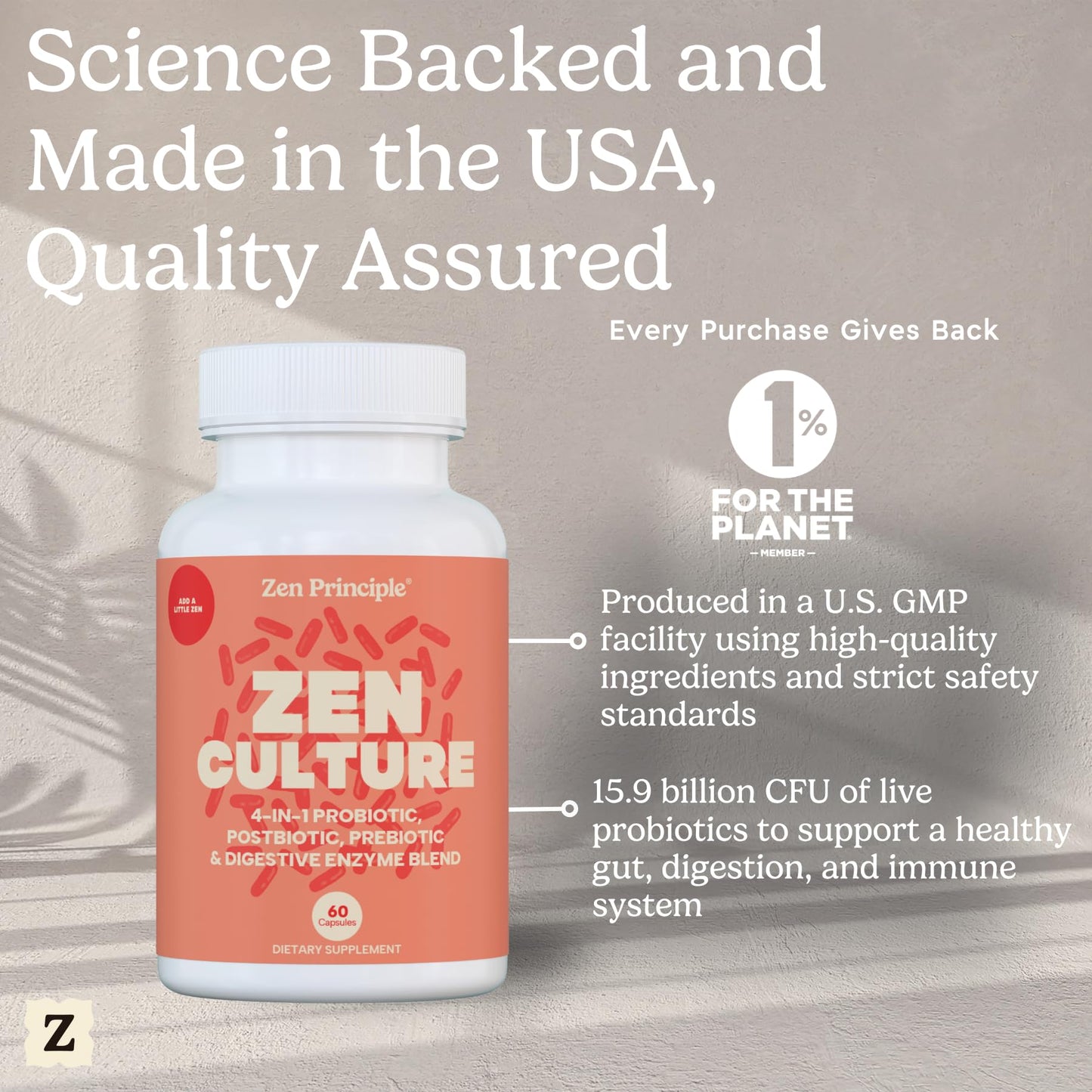 Zen Principle Zenculture™ – 4-in-1 Synbiotic Supplement (Probiotic + Prebiotic + Postbiotic + Digestive Enzymes) with CoreBiome®. Anti Bloating,