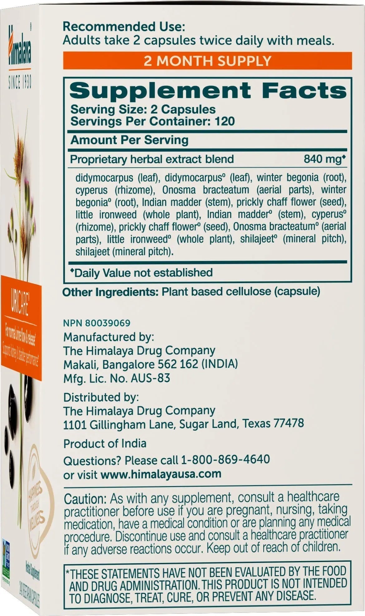 Himalaya UriCare Herbal Supplement, Kidney & Bladder Support, Urinary Tract & Urine Flow Support, Caffeine Free, Non-GMO, Gluten Free, Vegetarian, 240 Capsules, 60 Day Supply HimalayaBuy Supplements Australia