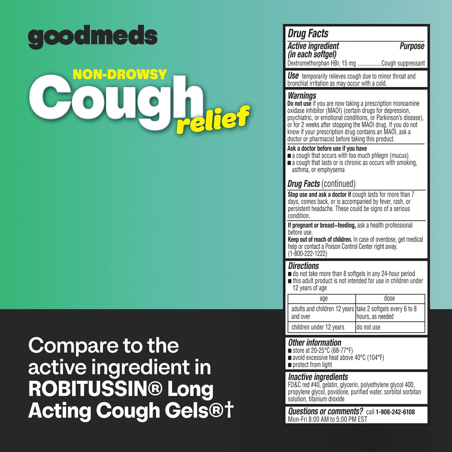 GoodMeds Cough Relief for Adults Softgels Dextromethorphan HBr (DXM) 15mg 8Hour, Non-Drowsy, Long-Lasting Bronchial Suppressant for Dry Cough and Chest Congestion (120 Count)