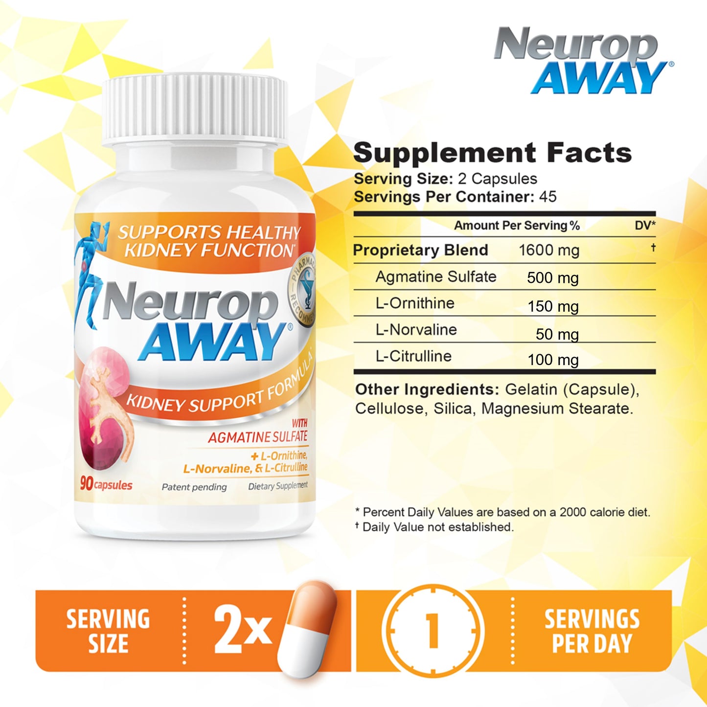 NeuropAWAY Kidney Support Formula Sugar Free with Agmatine Sulfate 500mg L-Novaline 50mg L-Ornithine 150mg L-Citrulline 100mg Per Capsule 90CT Fast Acting Kidney Support NeuropAWAYBuy Supplements Australia