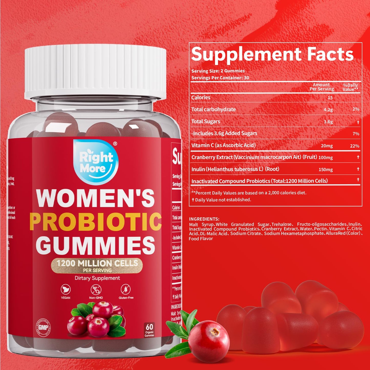 Right More Probiotic for Women Gummies,Feminine Balance Gummies, -1200 Billion Compound, Digestive & Immune Support, Supports Vaginal Health Prebiotics, Natural Cranberry Flavor, Vegan, 60 Gummies Right More buy supplements Au