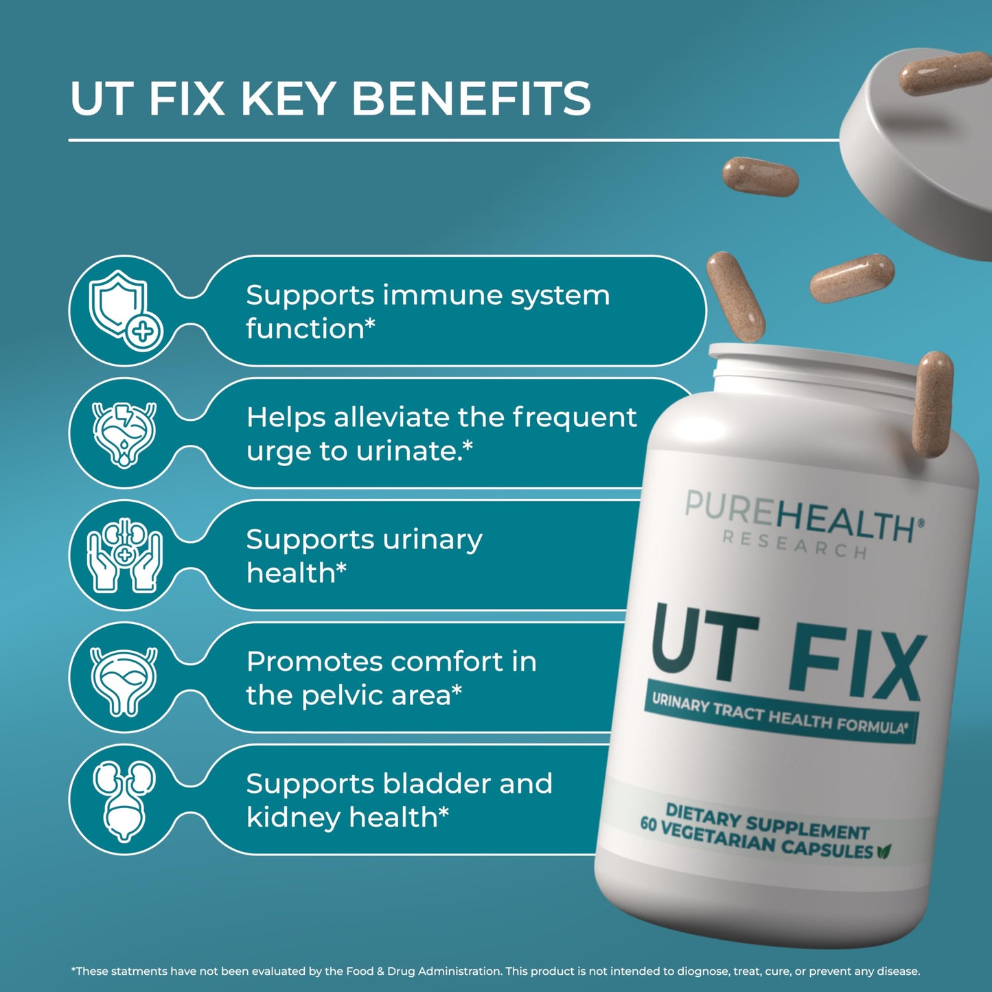 PUREHEALTH RESEARCH UT Fix - Urinary Tract Health Formula - Urinary Tract Support for Women & Men - Cranberry Supplement with D Mannose 1000mg, Vitamin D3 & Bee Propolis - 60 Capsules PUREHEALTH RESEARCHBuy Supplements Australia