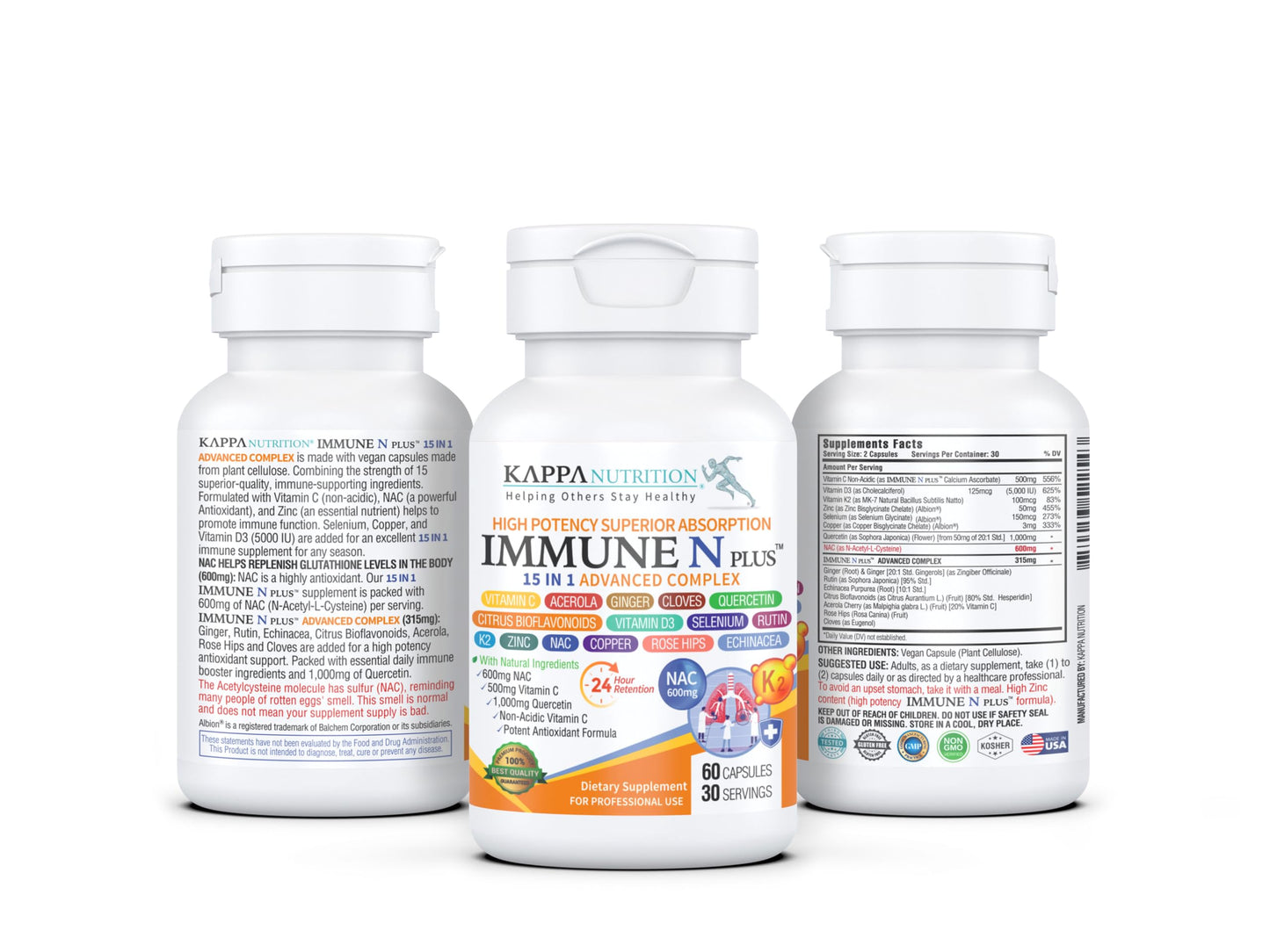 (60 Capsules), NAC 600mg, Quercetin 1,000mg, Vitamin C 500mg, Zinc 50mg, Vitamin D3 5,000iu, Selenium, Copper, Acerola, Ginger, Rutin, Citrus Bioflavonoids, Rose Hips, Echinacea, Immune N Plus 15 in 1 KAPPA NUTRITIONBuy Supplements Australia