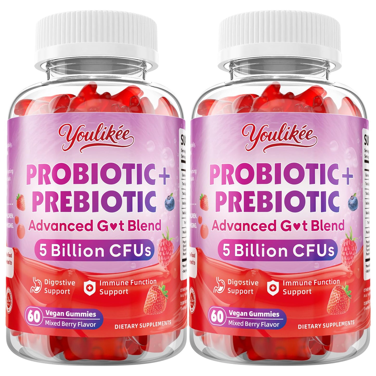 Youlikee 2 Pack Prebiotic + Probiotic Gummies for Women and Men, Probiotic Gummies Supports Gut Health, 5 Billion CFUs with Fibers,