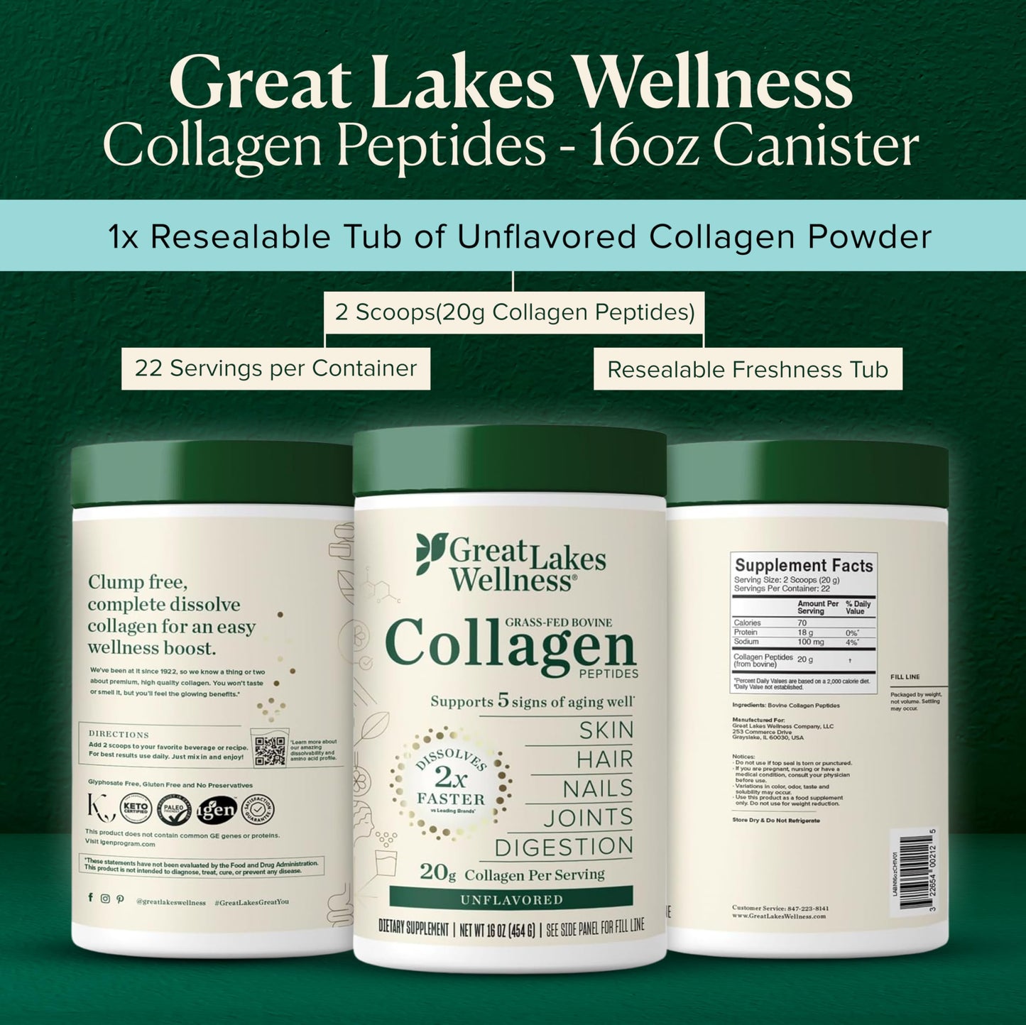 Great Lakes Wellness Collagen Peptides Powder – Supports Skin, Hair, Nails, Joints & Digestion – Hydrolyzed, Quick Dissolve