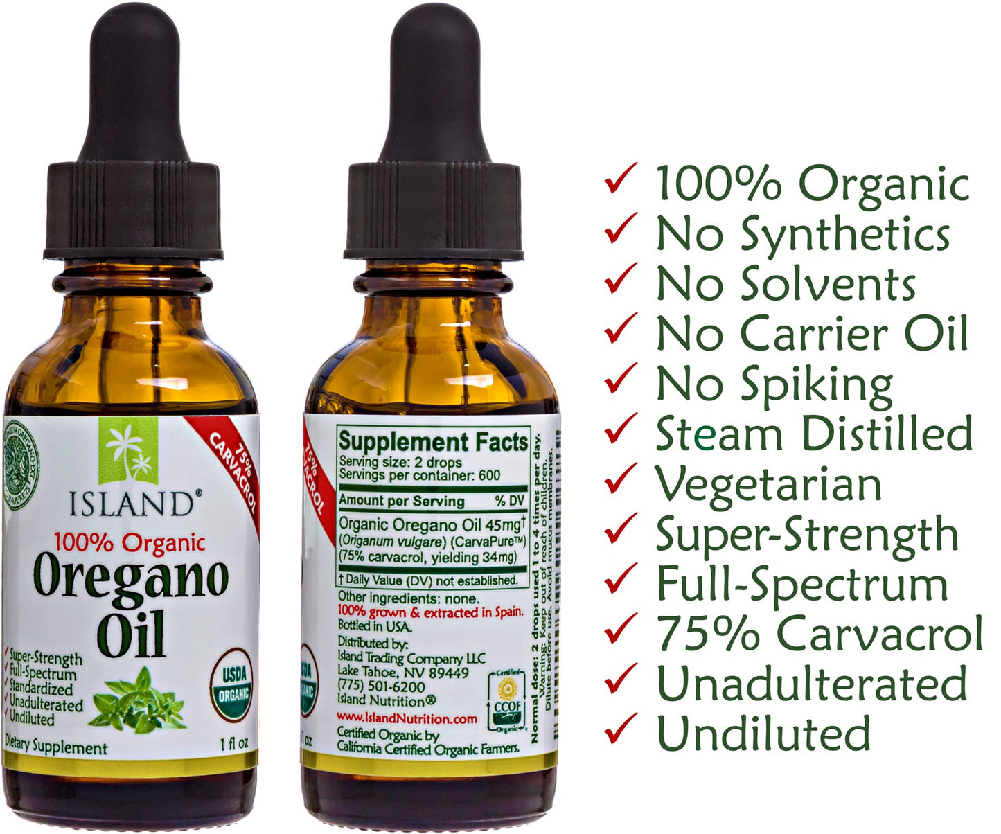 Island Nutrition, Oregano Oil Organic Liquid Drops - 100% Pure & Undiluted - USDA-Certified Organic (1 oz) 75% Carvacrol